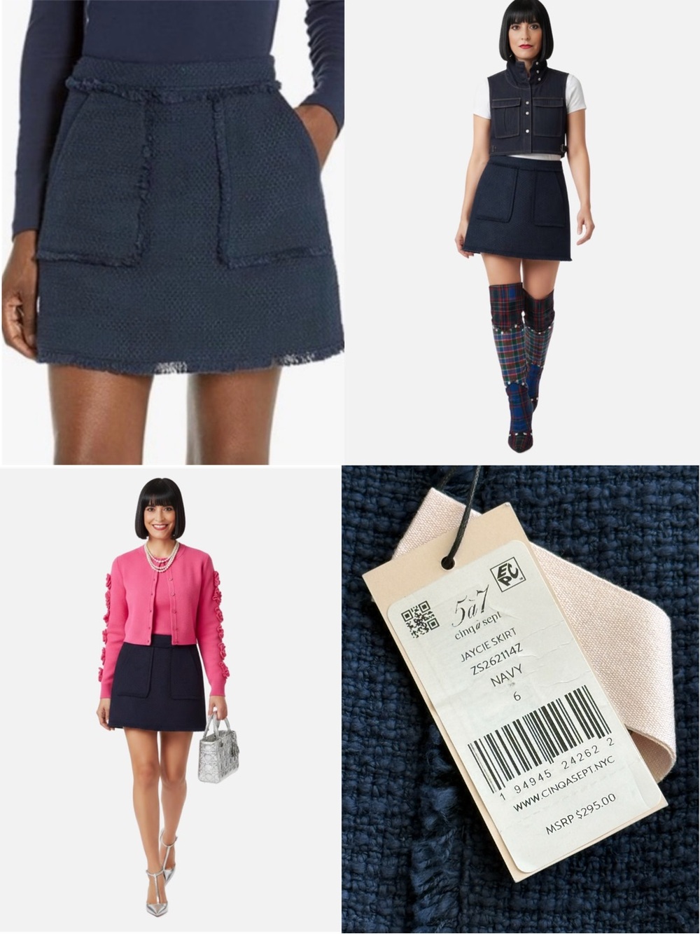 AUG Cinq a Sept Navy Fringed Tweed Mini Skirt